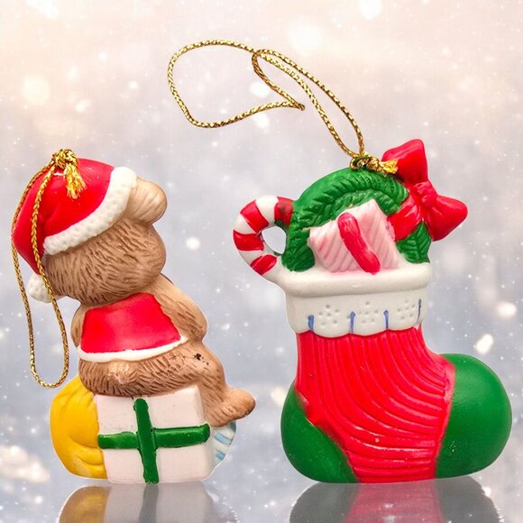 Vtg Christmas Bear & Stocking Hanging Ornaments 3" Tall Hand-Painted Resin - Picture 2 of 5